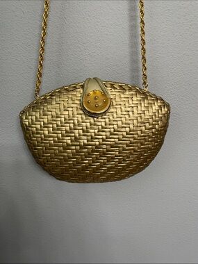 Vintage Italian Rodo Gold Woven Clutch with Chain Strap